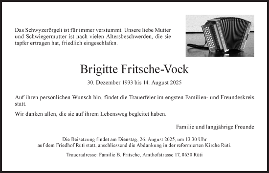 Traueranzeige von Brigitte Fritsche-Vock von AvU