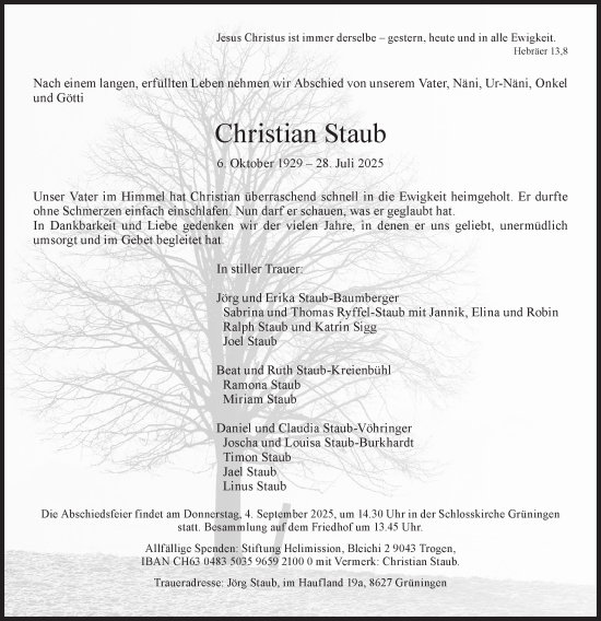 Traueranzeige von Christian Staub von AvU