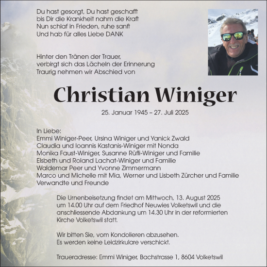 Traueranzeige von Christian Winiger von AvU