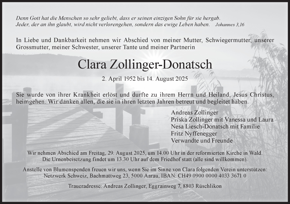  Traueranzeige für Clara Zollinger-Donatsch vom 23.08.2025 aus AvU