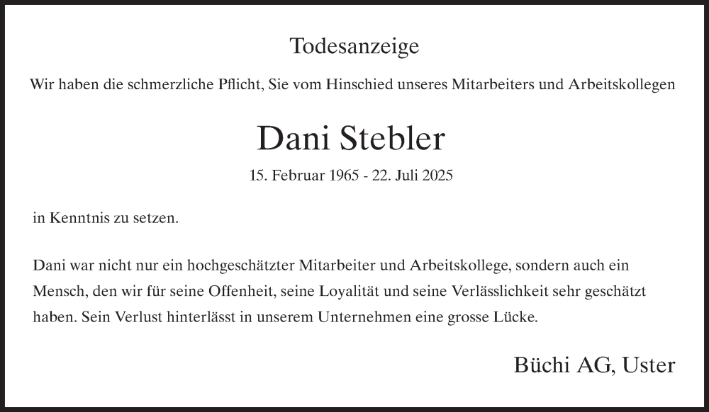  Traueranzeige für Dani Stebler vom 06.08.2025 aus AvU