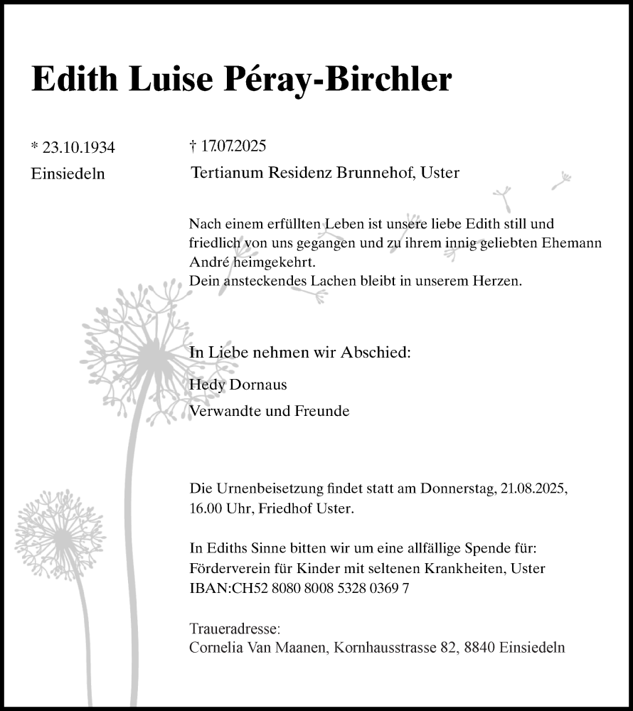 Traueranzeige für Edith Luise Péray-Birchler vom 19.08.2025 aus AvU