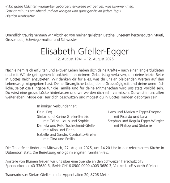 Traueranzeige von Elisabeth Gfeller-Egger von GL solo