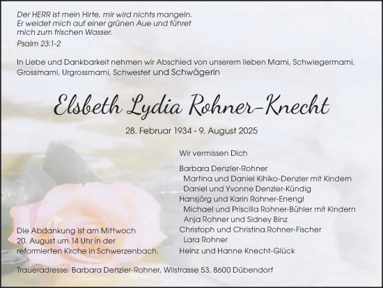 Traueranzeige von Elsbeth Lydia Rohner-Knecht von GL solo