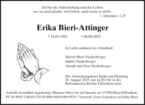 Traueranzeige von Erika Bieri-Attinger von AvU