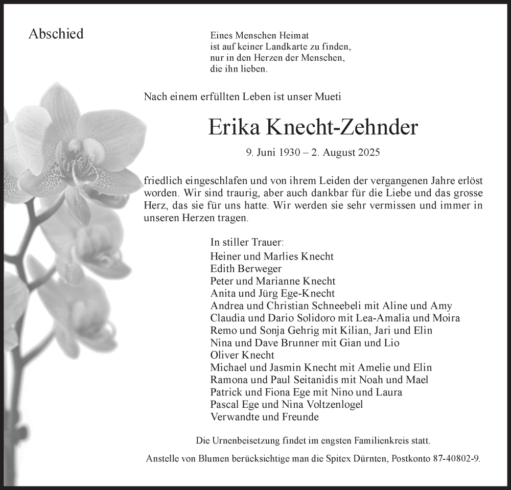  Traueranzeige für Erika Knecht-Zehnder vom 06.08.2025 aus AvU