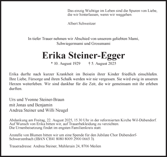 Traueranzeige von Erika Steiner-Egger von GL solo