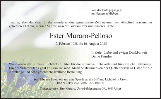 Traueranzeige von Ester Muraro-Pelloso von AvU