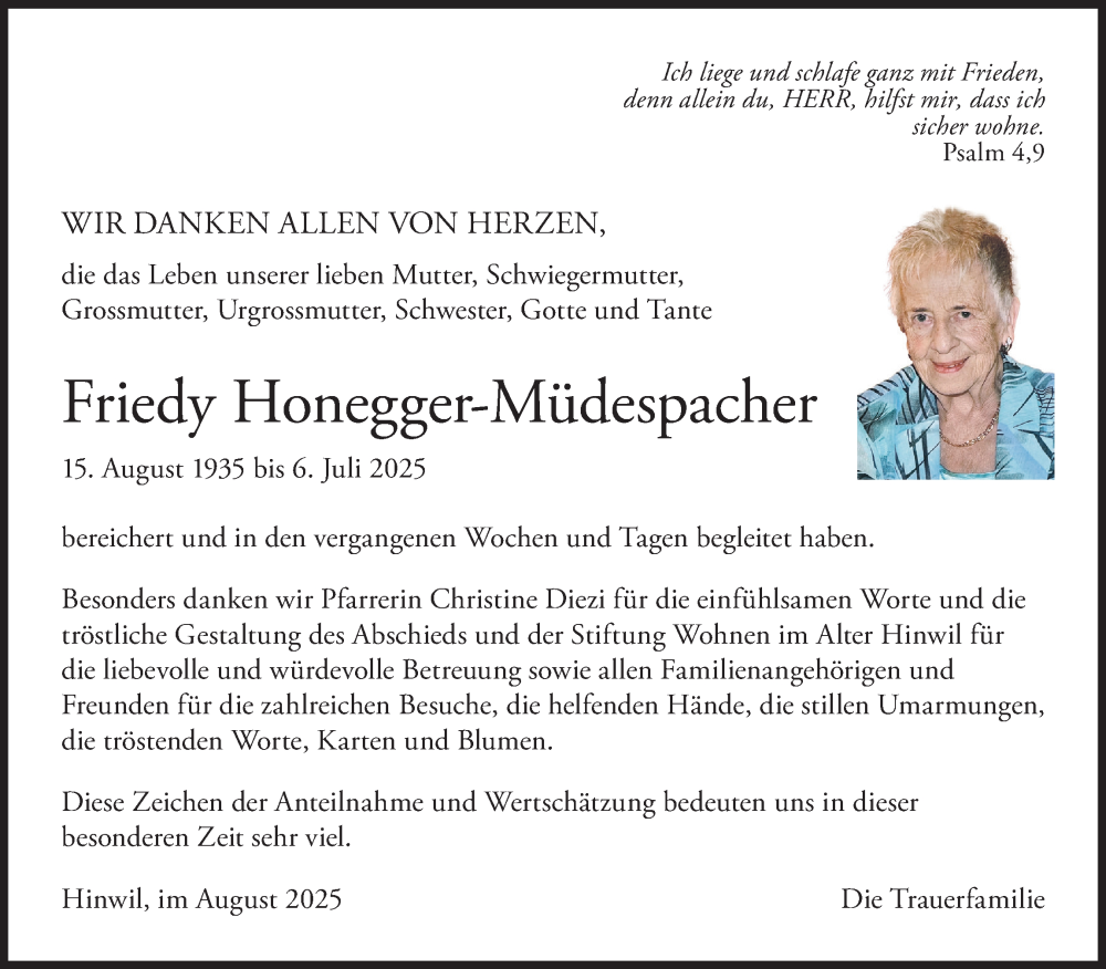  Traueranzeige für Friedy Honegger vom 20.08.2025 aus AvU