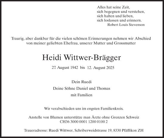 Traueranzeige von Heidi Wittwer-Brägger von AvU