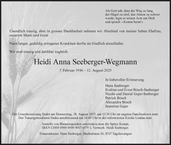 Traueranzeige von Heidi Anna Seeberger-Wegmann von AvU