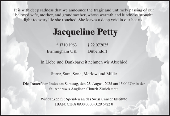 Traueranzeige von Jacqueline Petty von GL solo