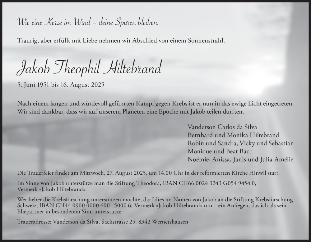  Traueranzeige für Jakob Theophil Hiltebrand vom 23.08.2025 aus AvU