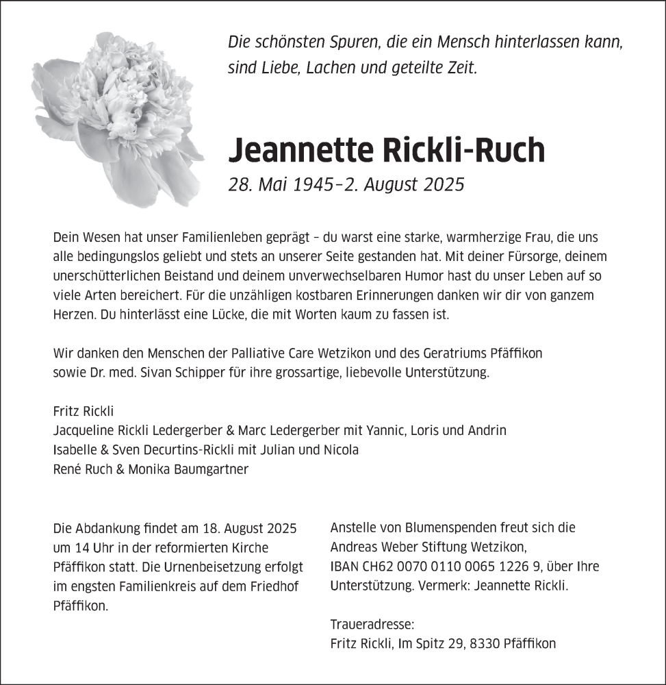  Traueranzeige für Jeannette Rickli-Ruch vom 13.08.2025 aus AvU