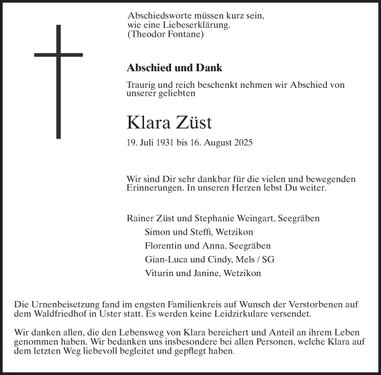 Traueranzeige von Klara Züst von AvU