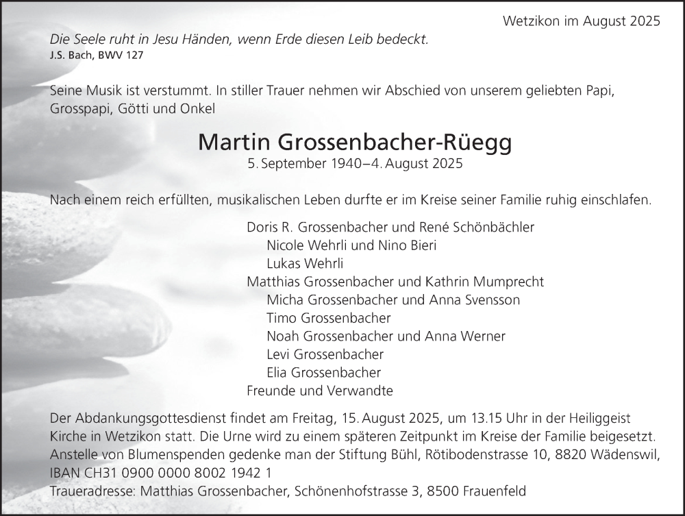  Traueranzeige für Martin Grossenbacher vom 08.08.2025 aus AvU