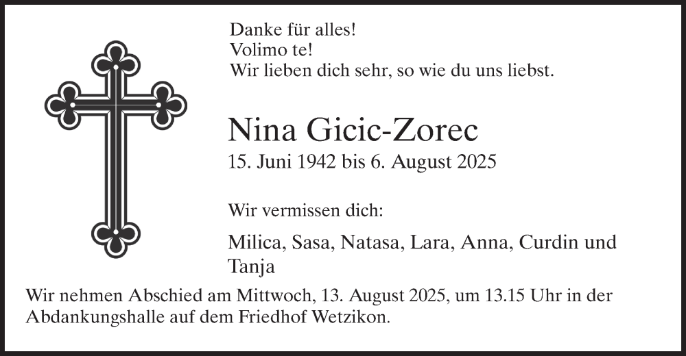  Traueranzeige für Nina Gicic-Zorec vom 09.08.2025 aus AvU