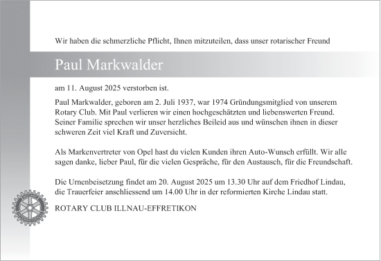 Traueranzeige von Paul Markwalder von reg_2