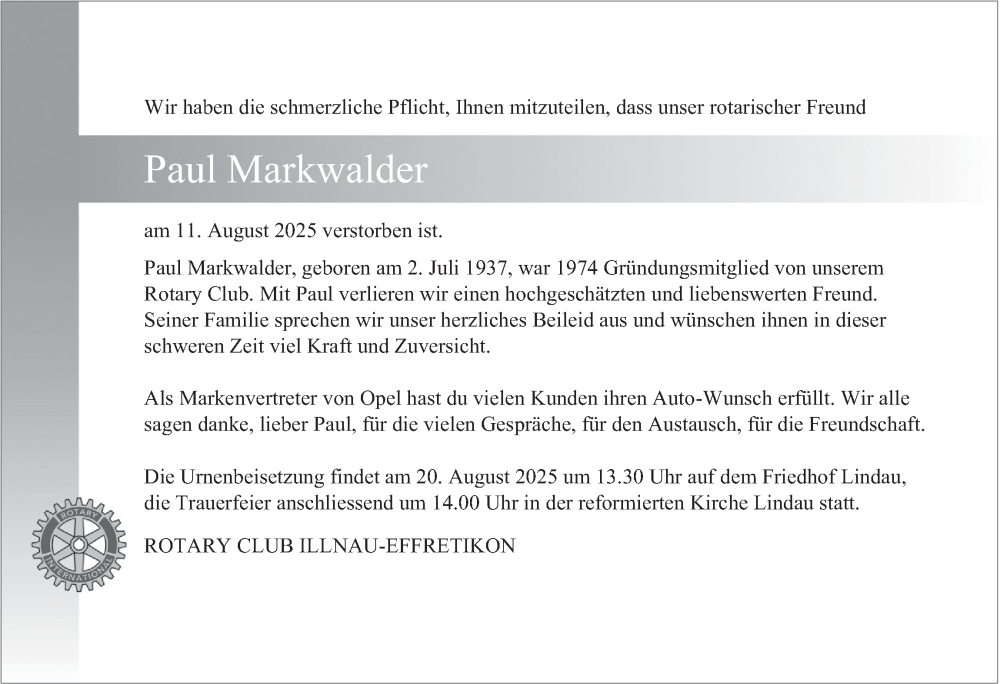  Traueranzeige für Paul Markwalder vom 21.08.2025 aus reg_2