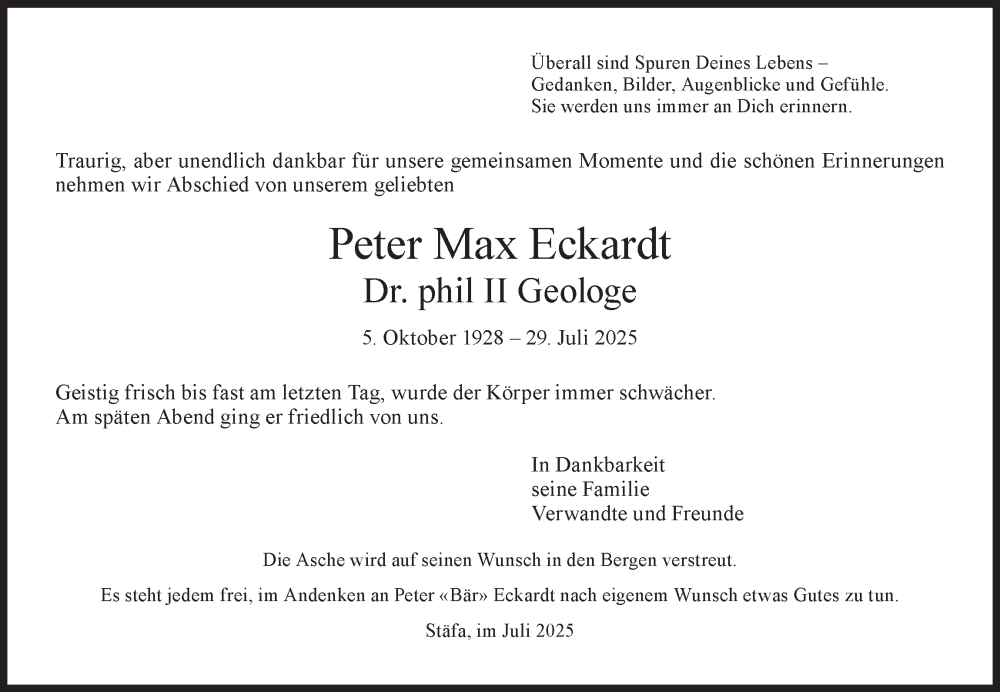  Traueranzeige für Peter Max Eckardt vom 05.08.2025 aus AvU