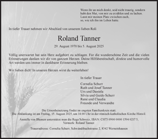 Traueranzeige von Roland Tanner von AvU