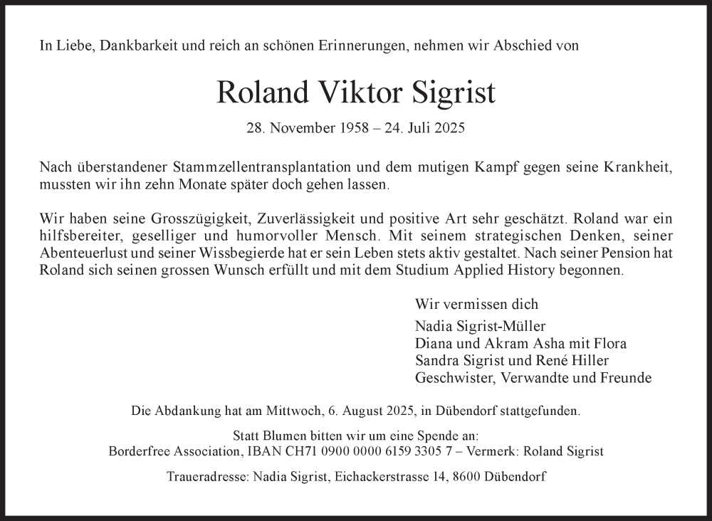  Traueranzeige für Roland Viktor Sigrist vom 08.08.2025 aus GL solo