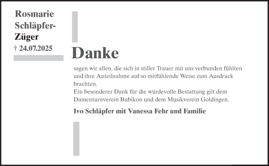 Traueranzeige von Rosmarie Schläpfer-Züger von AvU