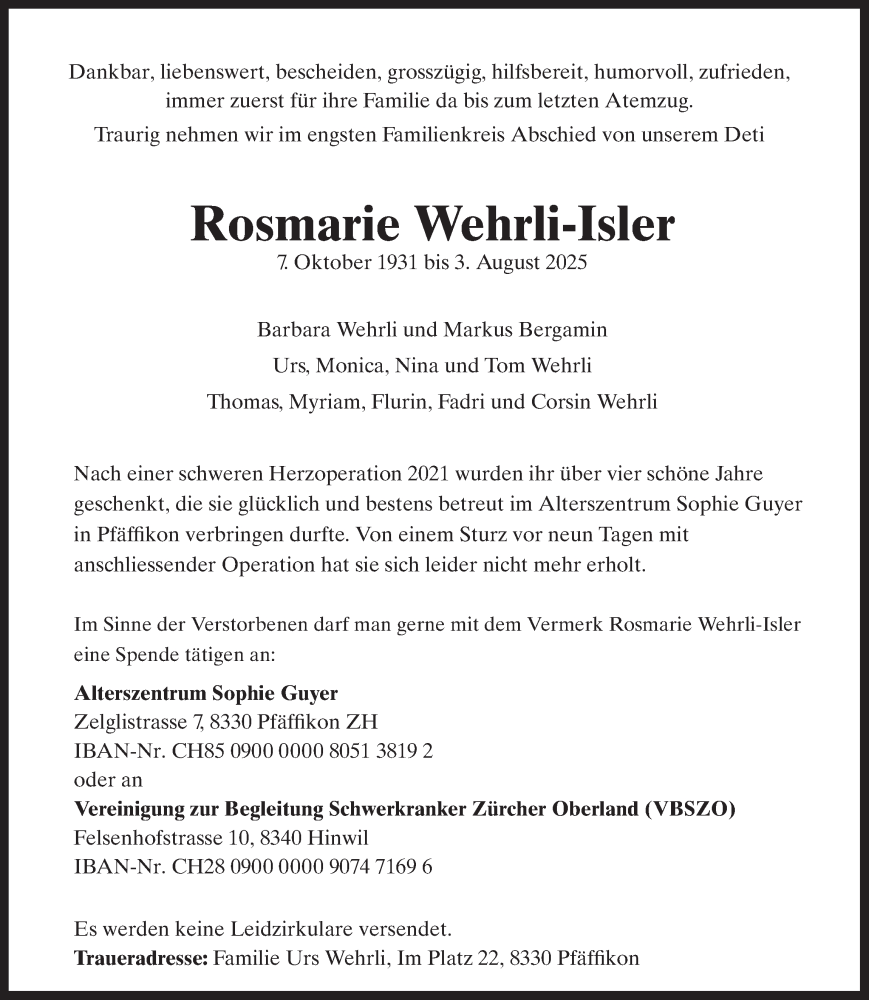  Traueranzeige für Rosmarie Wehrli-Isler vom 06.08.2025 aus AvU