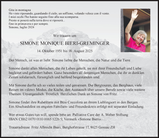 Traueranzeige von Simone Monique Bieri-Greminger von AvU