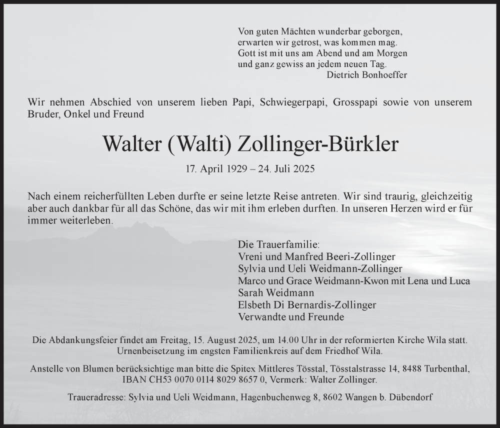  Traueranzeige für Walter Zollinger-Bürkler vom 06.08.2025 aus AvU