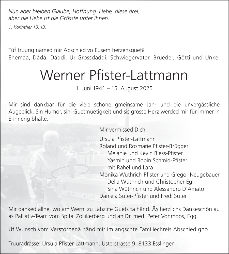  Traueranzeige für Werner Pfister-Lattmann vom 27.08.2025 aus AvU