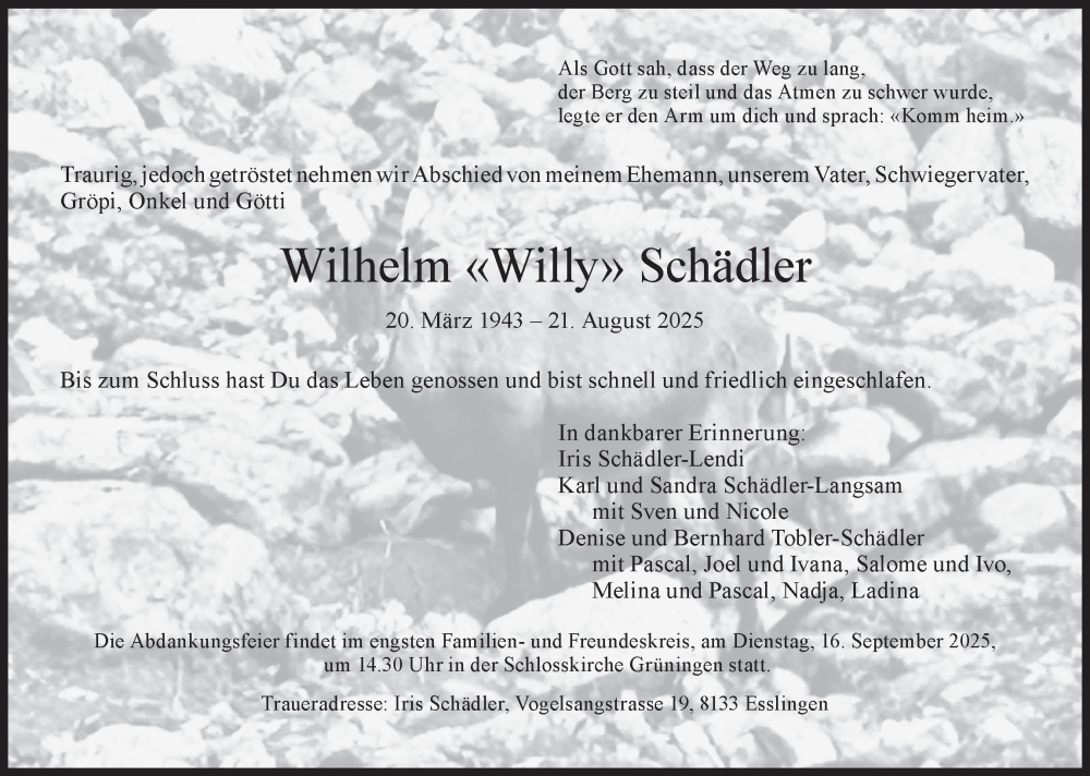  Traueranzeige für Wilhelm Schädler vom 27.08.2025 aus AvU