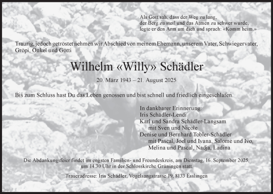 Traueranzeige von Wilhelm Schädler von AvU