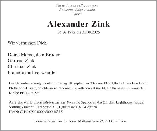 Traueranzeige von Alexander Zink von AvU