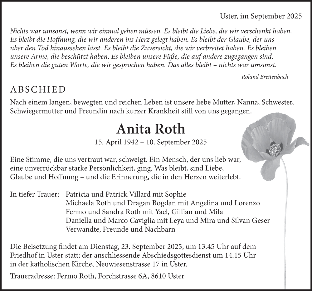  Traueranzeige für Anita Roth vom 17.09.2025 aus AvU