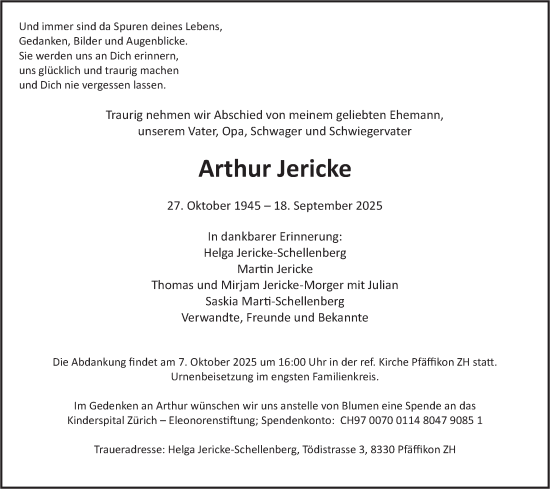 Traueranzeige von Arthur Jericke von AvU