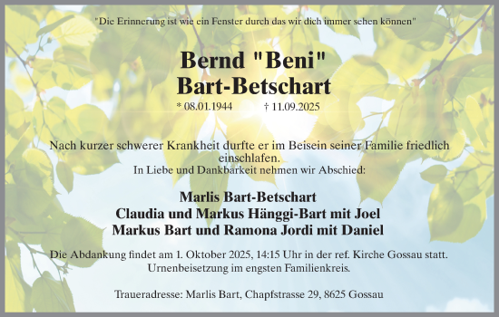 Traueranzeige von Bernd Bart-Betschart von AvU