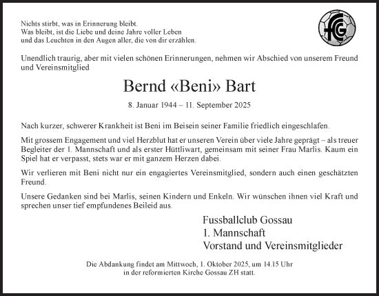Traueranzeige von Bernd Bart von AvU