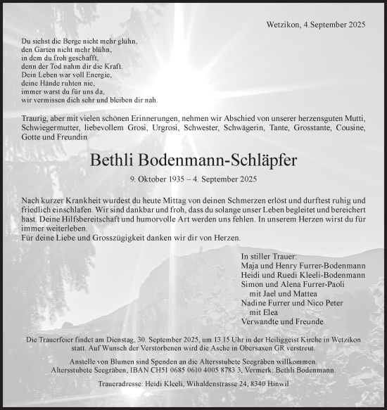 Traueranzeige von Bethli Bodenmann-Schläpfer von AvU