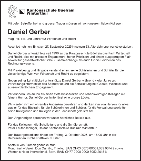 Traueranzeige von Daniel Gerber von AvU