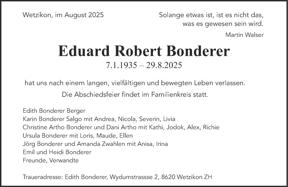  Traueranzeige für Eduard Robert Bonderer vom 10.09.2025 aus AvU