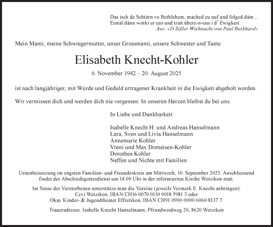 Traueranzeige von Elisabeth Knecht-Kohler von AvU