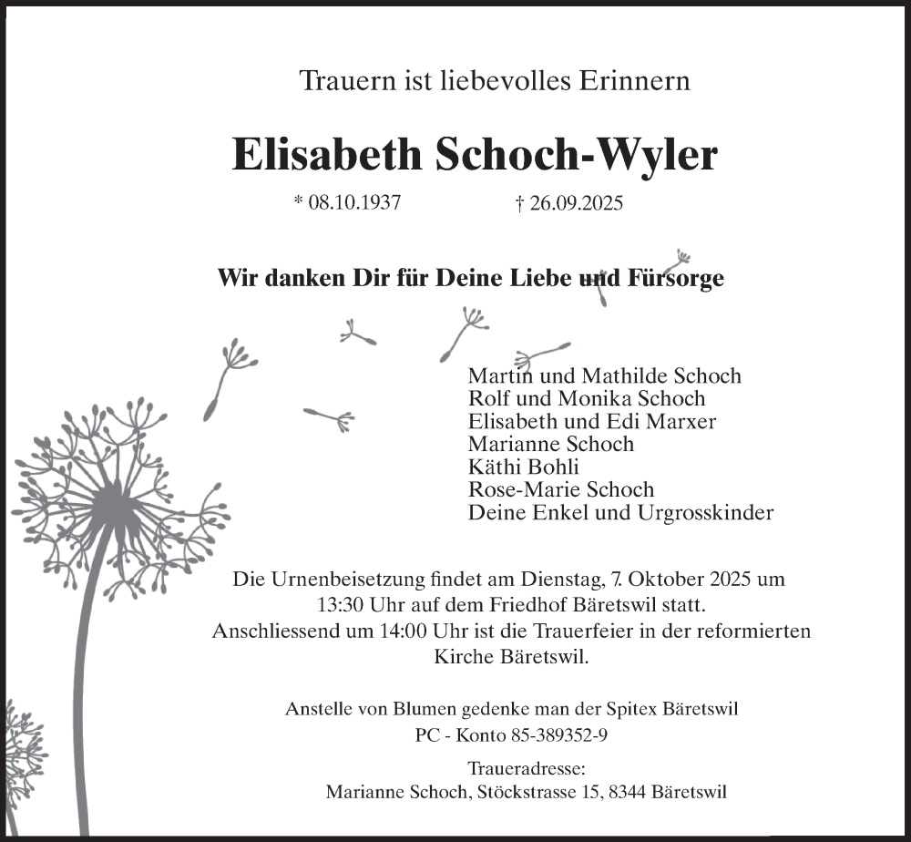  Traueranzeige für Elisabeth Schoch-Wyler vom 01.10.2025 aus AvU