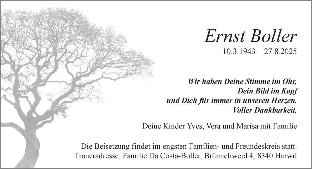  Traueranzeige für Ernst Boller vom 03.09.2025 aus AvU