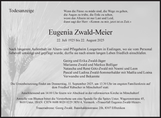 Traueranzeige von Eugenia Zwald-Meier von AvU