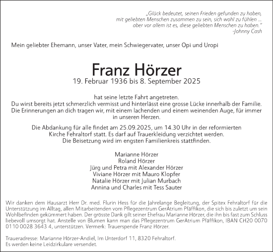 Traueranzeige von Franz Hörzer von AvU