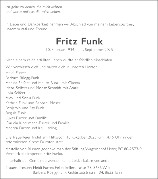 Traueranzeige von Fritz Funk von AvU