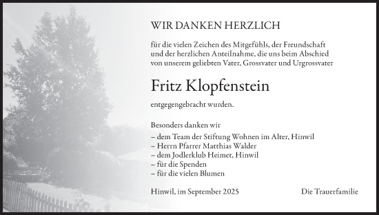 Traueranzeige von Fritz Klopfenstein von AvU