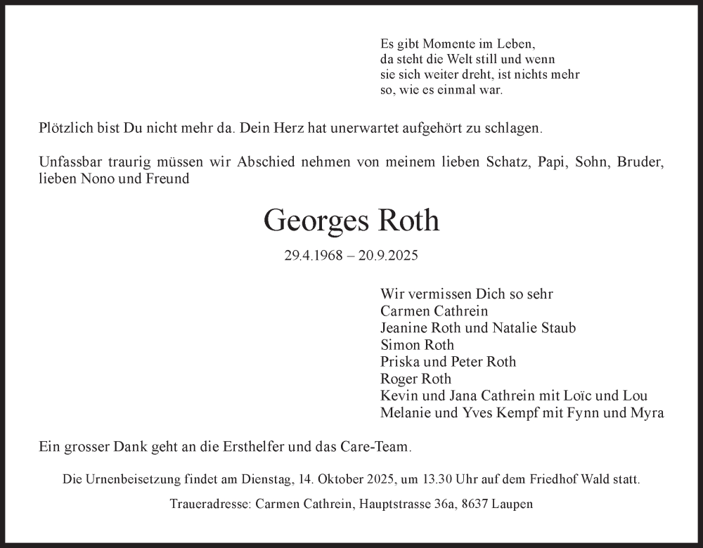  Traueranzeige für Georges Roth vom 01.10.2025 aus AvU