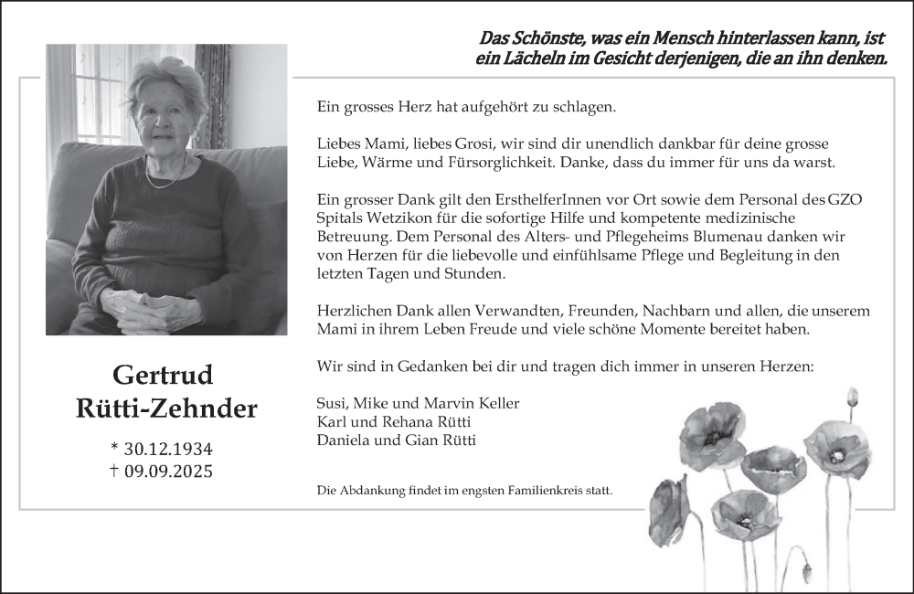 Traueranzeige für Gertrud Rütti-Zehnder vom 17.09.2025 aus AvU